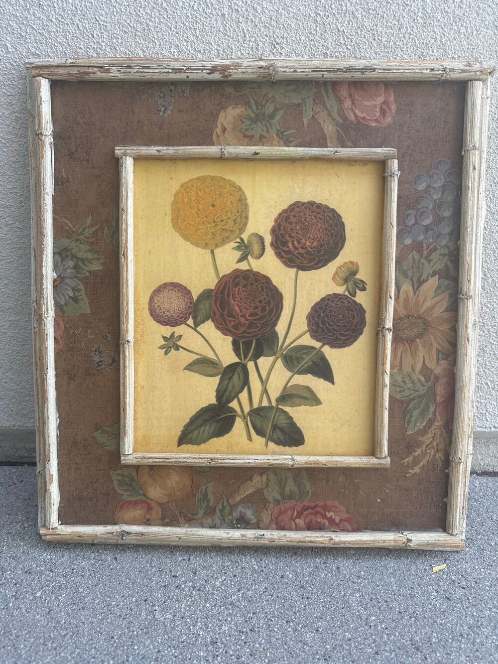 Vintage Botanical Dahlia Illustration Fabric Mat Wood Bamboo Frame 1970s Upcycle